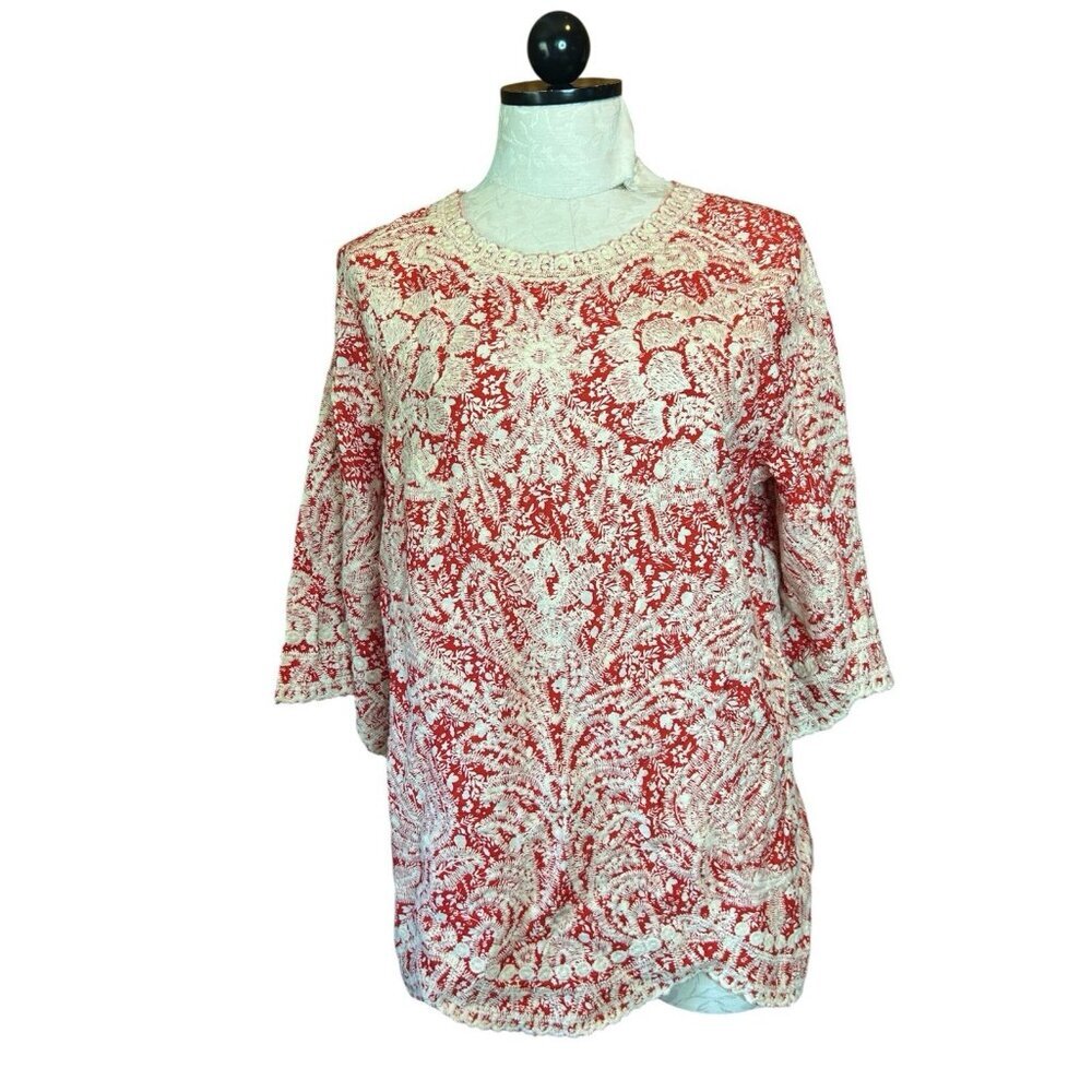 Solitaire Embroidered Red & Cream Top Size M 3/4 Bell‎ Sleeves Boho Fairy